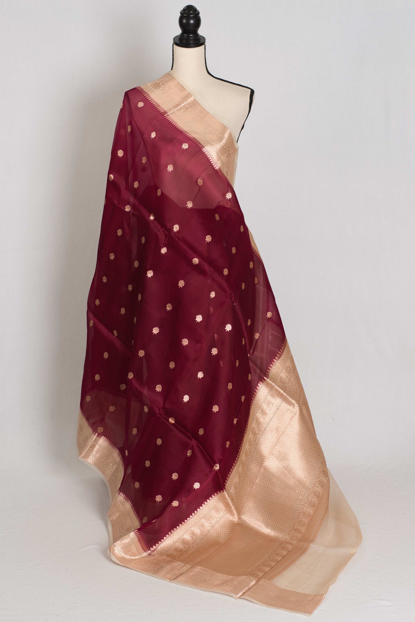 Anuya : Silk Mark Certified Wine and Beige Organza Banarasi Saree image 1
