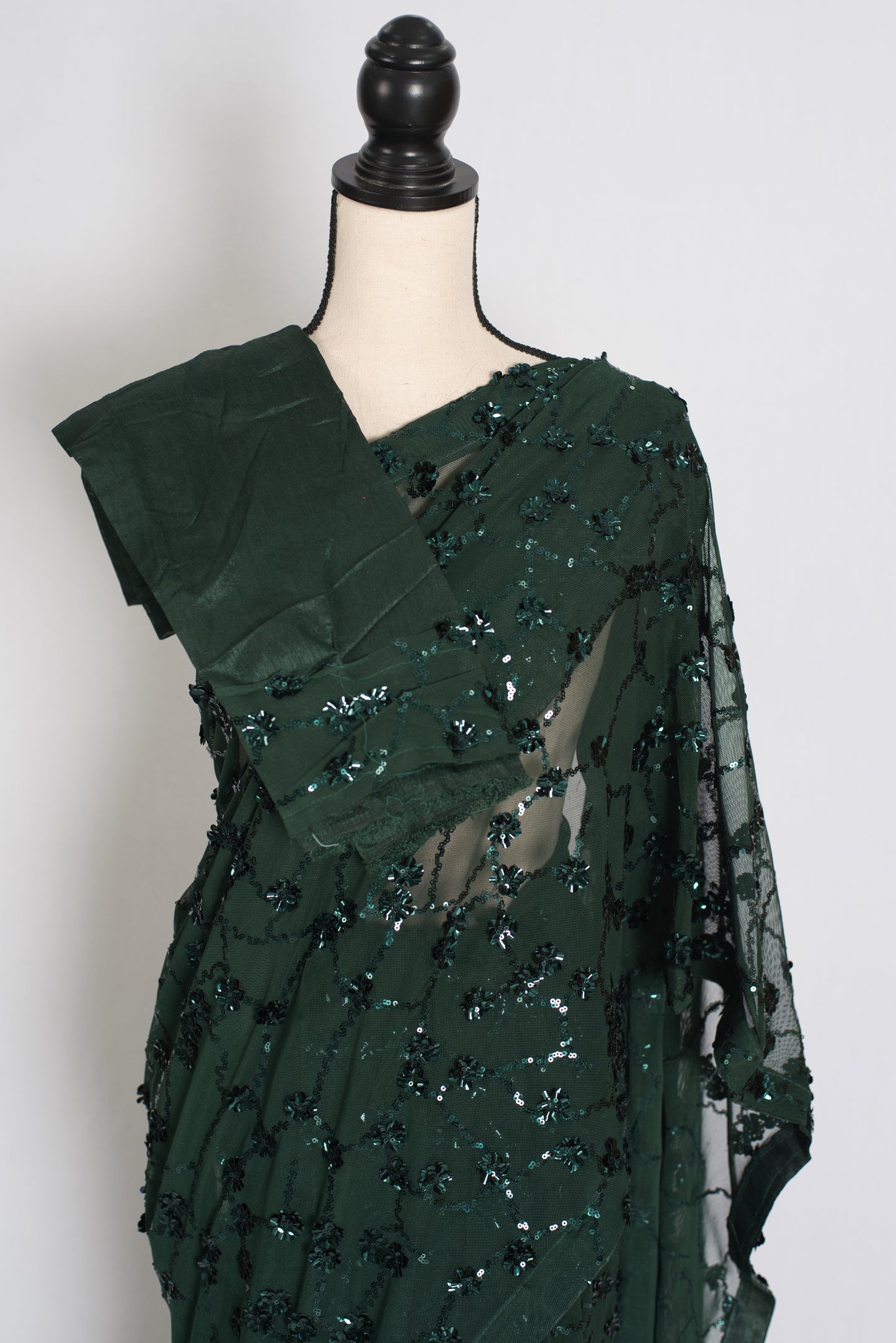 Gia | Bottle Green Soft Net Sequin Saree | Glamorous Evening Cocktail Partywear image 2