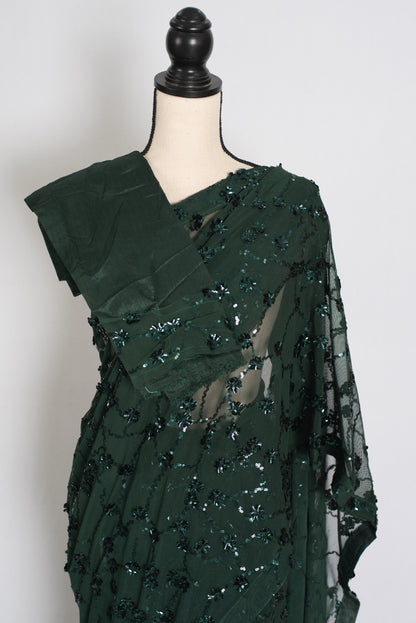 Gia | Bottle Green Soft Net Sequin Saree | Glamorous Evening Cocktail Partywear image 2