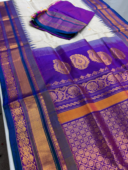 Vyanika - Handwoven Off White and Purple Traditional Gadwal Silk Saree image 1