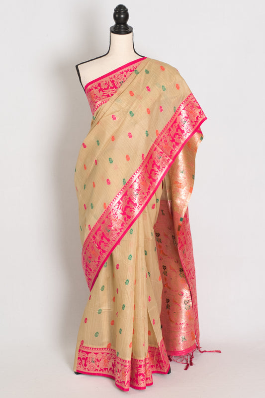 Gita: Beige & Pink Blended Cotton Baluchari Saree | Traditional Bengali Design image 0