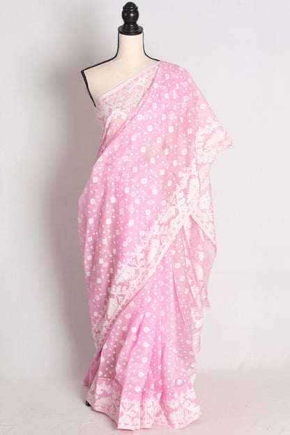Mahua : Soft Pink and White Blended Soft Cotton Bengali Jamdani Saree image 0