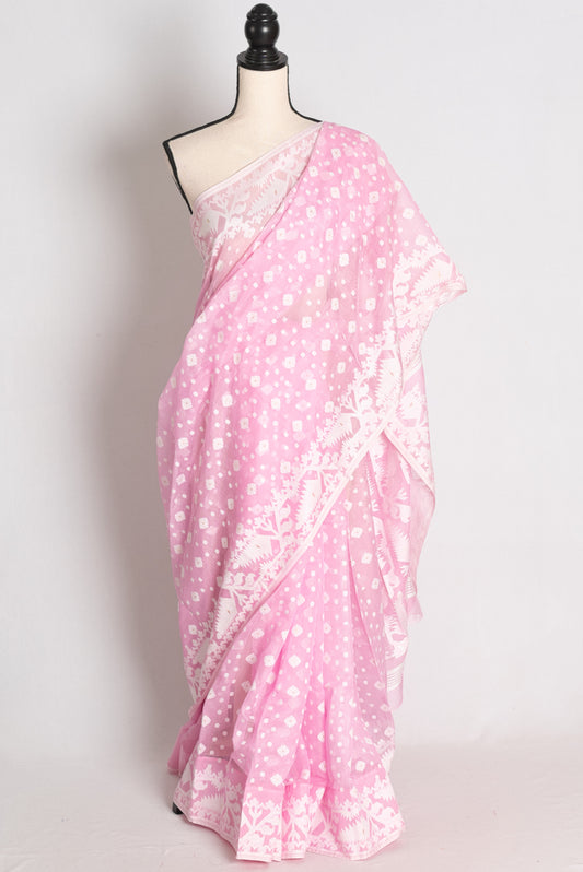 Mahua : Soft Pink and White Blended Soft Cotton Bengali Jamdani Saree image 0