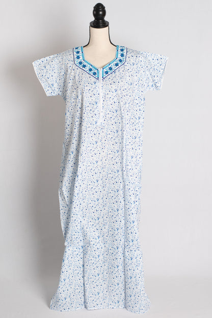 White and Blue Printed Pure Cotton Nightwear in Regular Size image 1