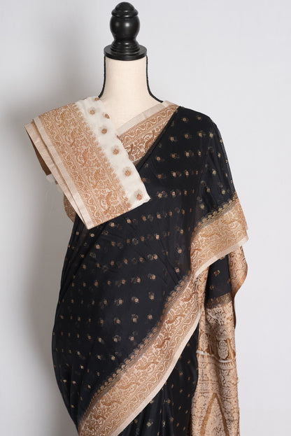 Diya: Black and White Semi Georgette Banarasi Saree image 2
