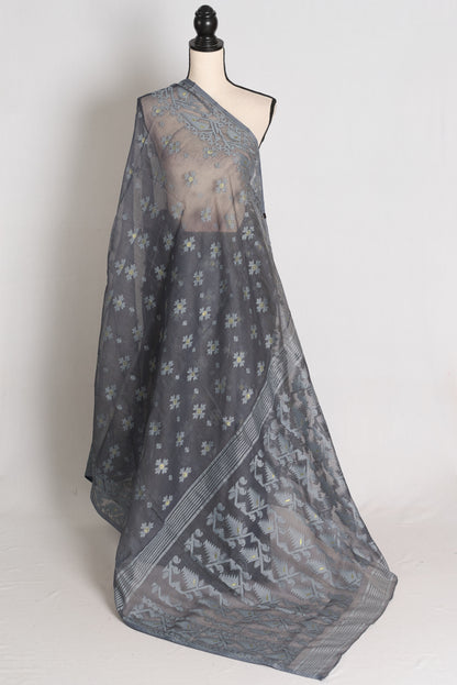 Aman : Cloud Grey Soft Blended Cotton Bengali Jamdani Saree image 2