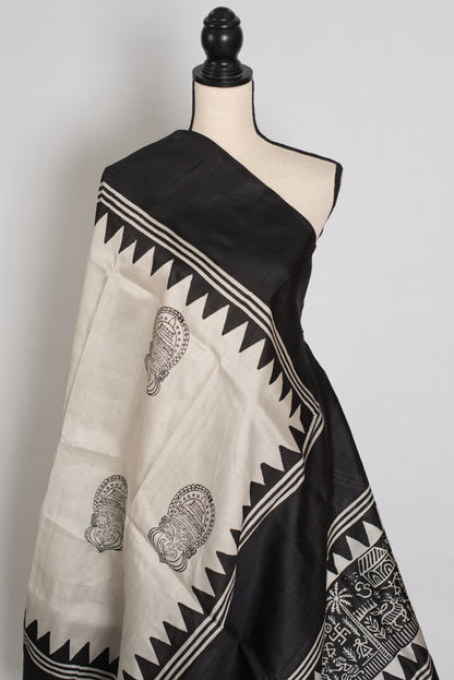 Mritika : Off-White and Black Kalamkari Style Murshidabad Silk Saree image 3