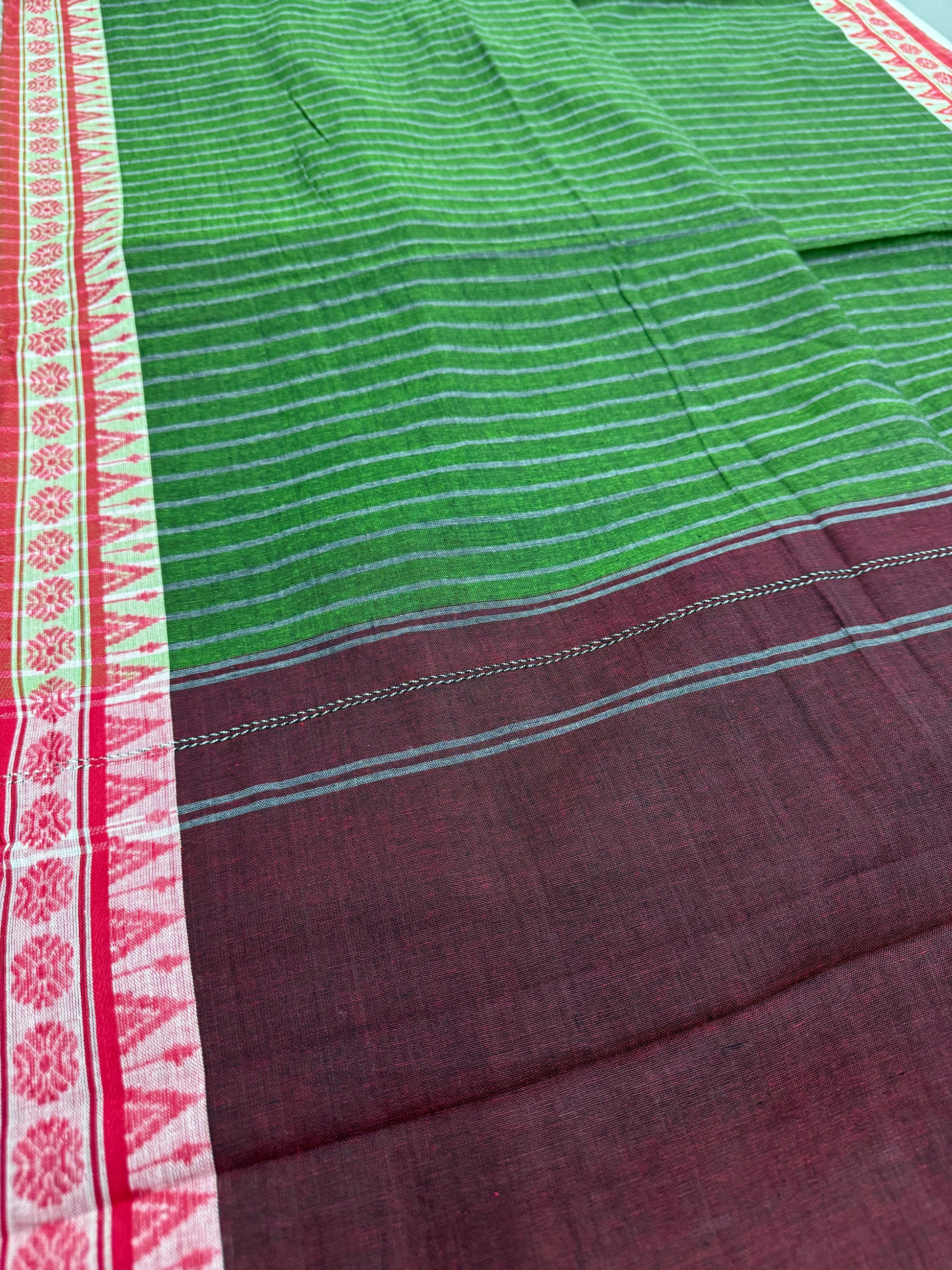 Bina : Heena Green Red Soft Cotton Dhaniakhali Saree image 7
