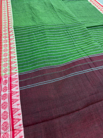 Bina : Heena Green Red Soft Cotton Dhaniakhali Saree image 7