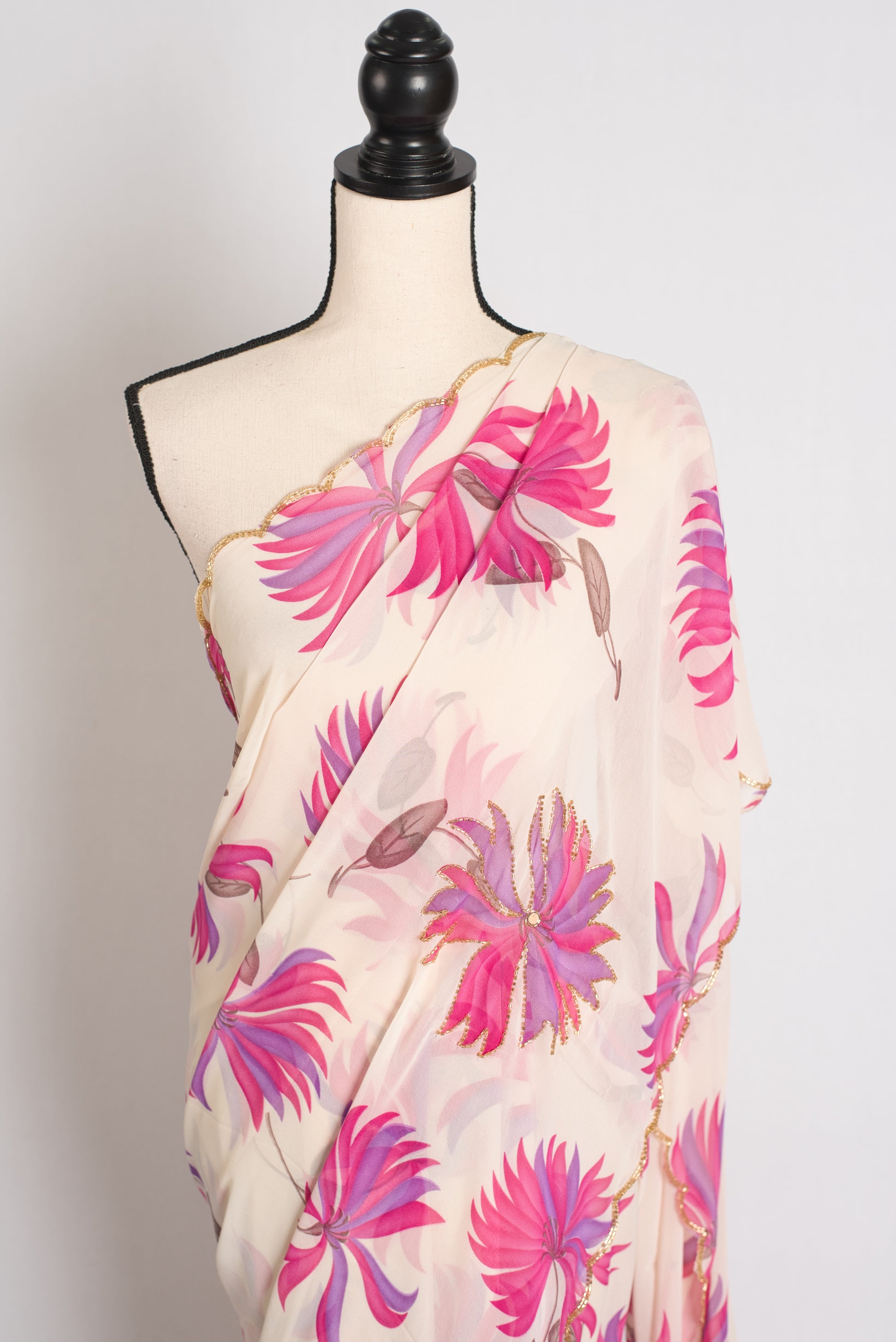 Indira : Off White and Pink Floral Georgette Hand Embroidered Designer Saree image 5