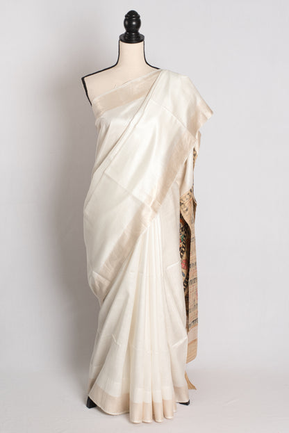 Shwetraag -  Hand-Painted Madhubani Staple Tussar Saree in Pristine White image 1