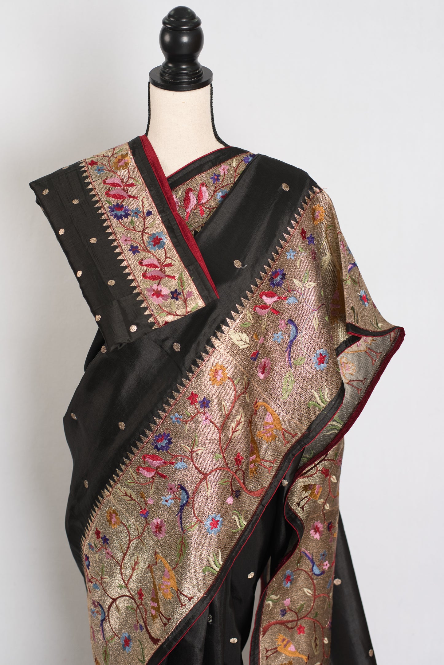 Brinda : Semi Tussar Silk Paithani Embroidered Black Designer Saree image 2