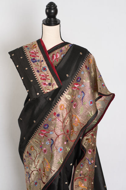 Brinda : Semi Tussar Silk Paithani Embroidered Black Designer Saree image 2