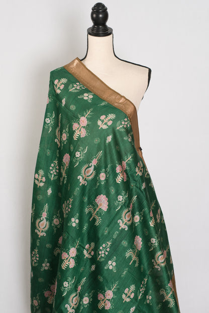 Ahalya | Forest Green Pure Muga Tussar Silk Saree | Contemporary Abstract Prints image 4