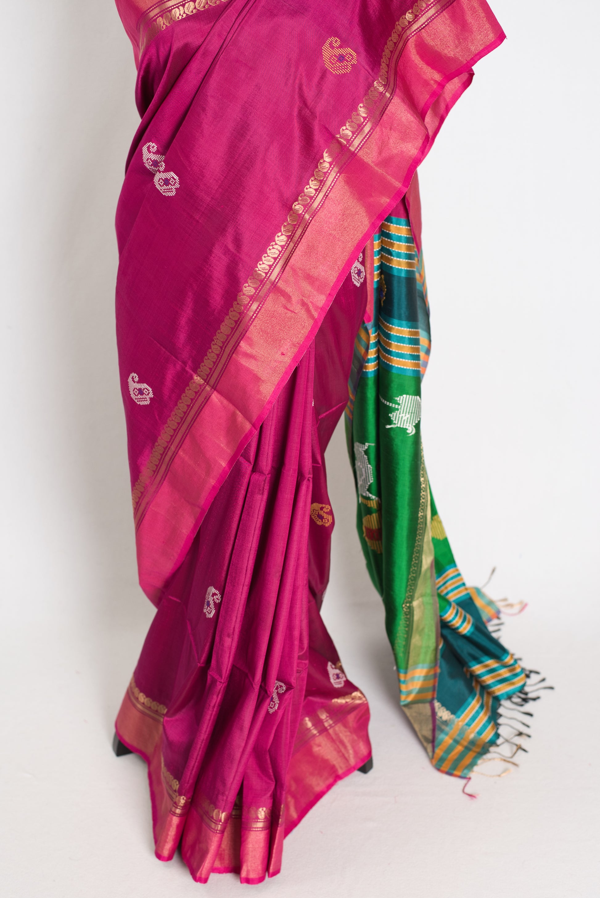 Mridula : Lightweight Bishnupur Katan Silk Saree in Purple and Green image 5