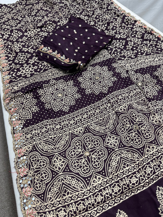 Zehra : Burgundy Modal Silk Ajrakh Saree with Hand Embroidery Saree image 2