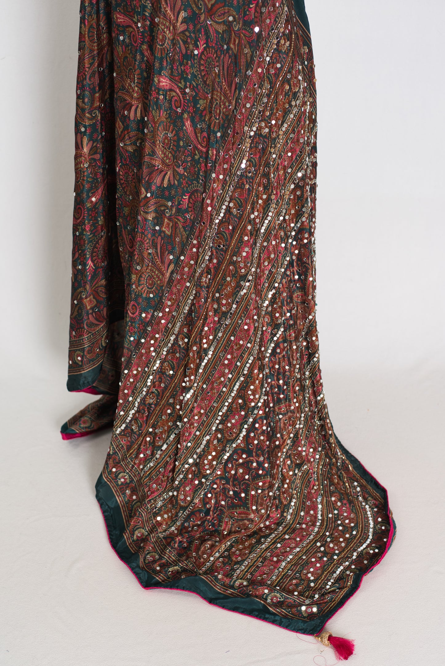 Sneha | Dark Green Kalamkari Printed Mirror Work Saree | Semi Modal Silk image 3