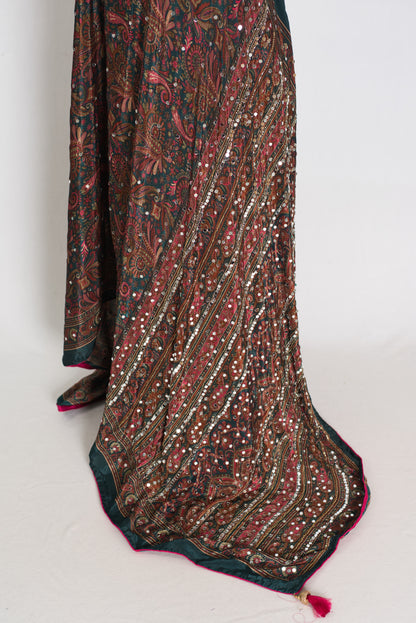 Sneha | Dark Green Kalamkari Printed Mirror Work Saree | Semi Modal Silk image 3