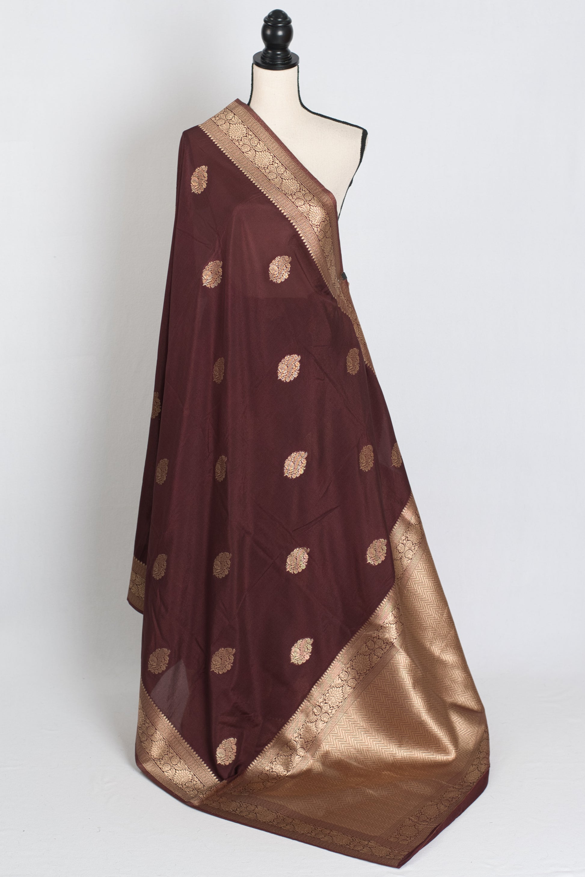 Mahi : Semi Crepe Silk Budget Friendly Banarasi Saree in Brown and Gold image 1