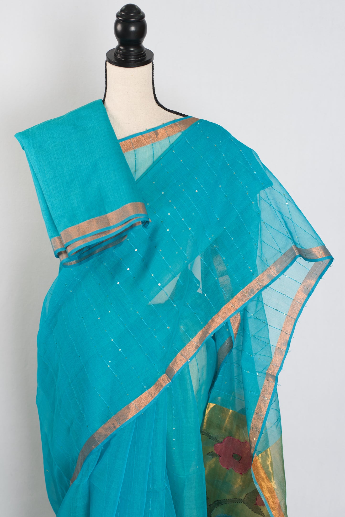 Shukti: Turquoise Blue & Gold Muslin Cotton Jamdani Saree | Sequin Weaving image 2
