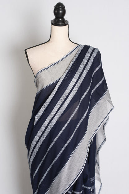 Dark Blue and Grey Dhaniakhali saree — drape view