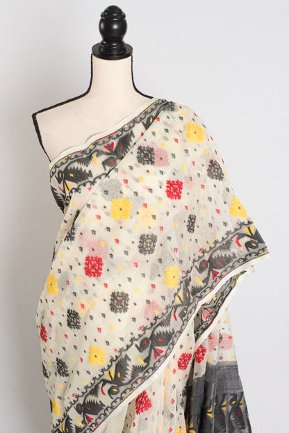 Bidisha : Off White and Black Blended Soft Cotton Jamdani Bengali Saree image 4