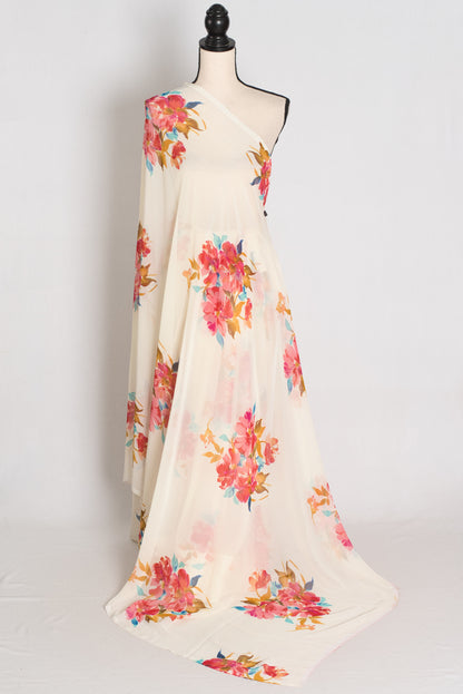 Liza : Cream and Red Floral Printed Chiffon Georgette Saree image 1