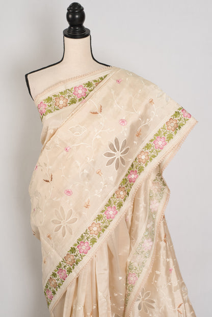 Shreya: Cream Semi Tussar Silk Saree with Multi-Color Cut Work Embroidery image 6