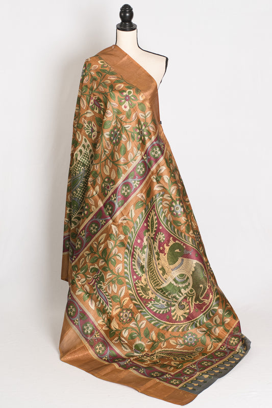 Rama : Brown Kalamkari Printed Tussar Silk Saree | Silk Mark Certified image 1