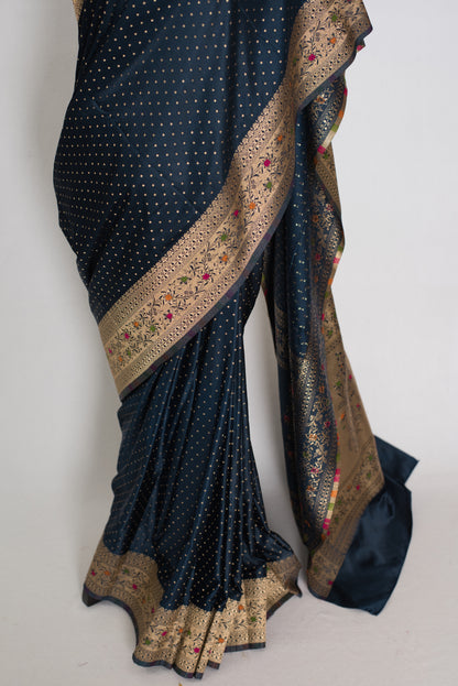Ratri | Navy Blue Semi Mashru Banarasi Saree | Pre-Stitched Size 44 Blouse image 6