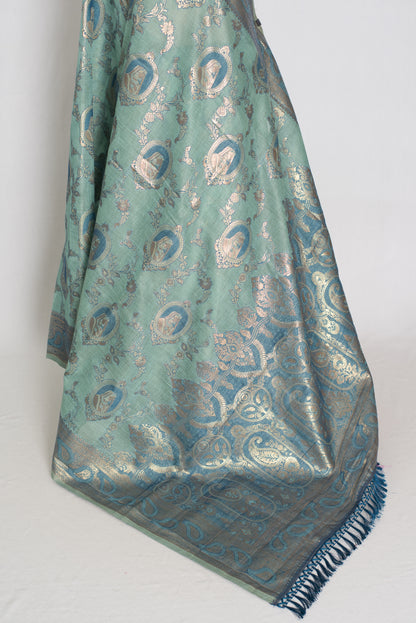Mira | Pastel Blue Blended Cotton Saree | Traditional Baluchari Motifs image 3