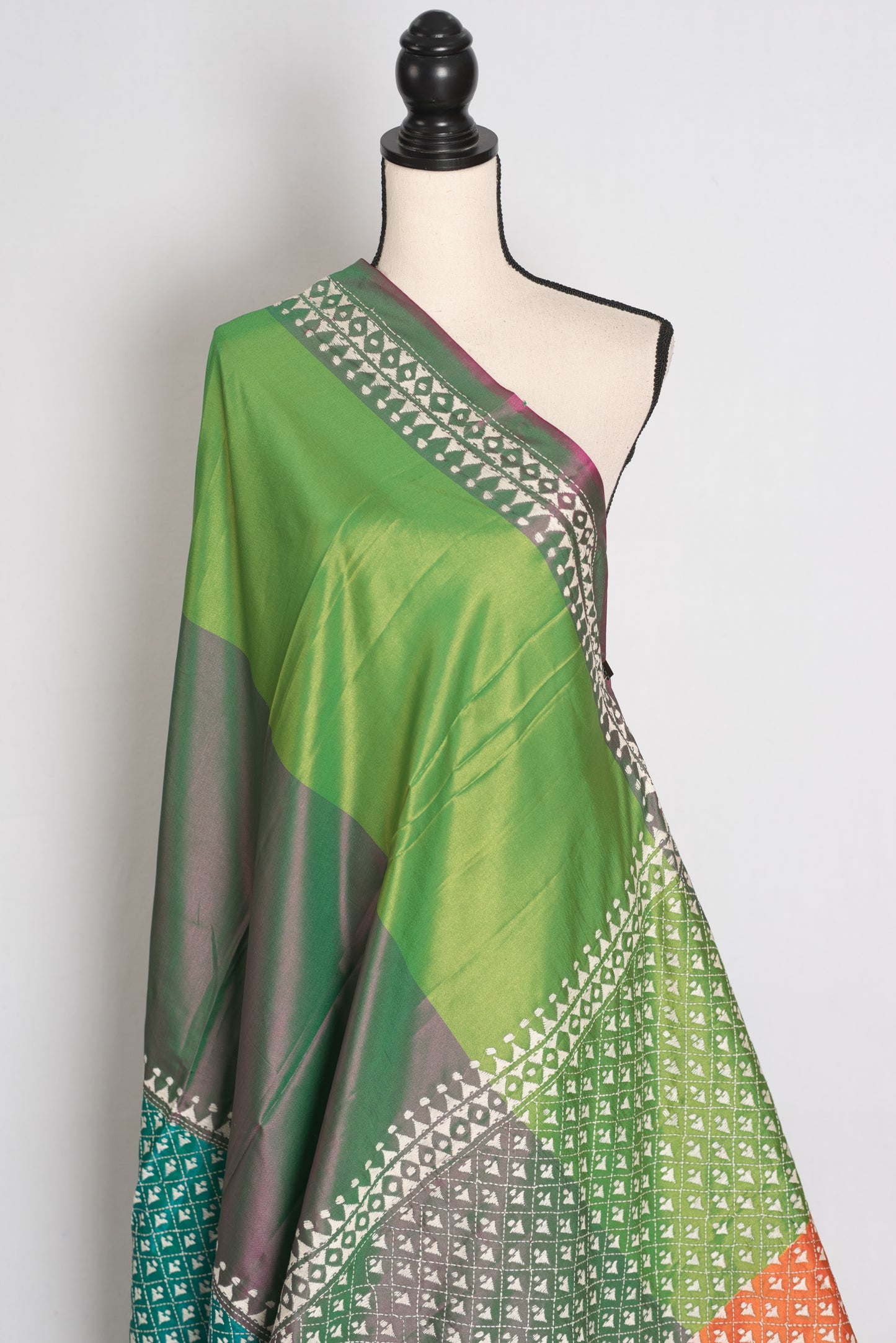 Damini : Green Semi Silk Kantha Embroidery Saree with 42 Size Stitched Blouse image 5