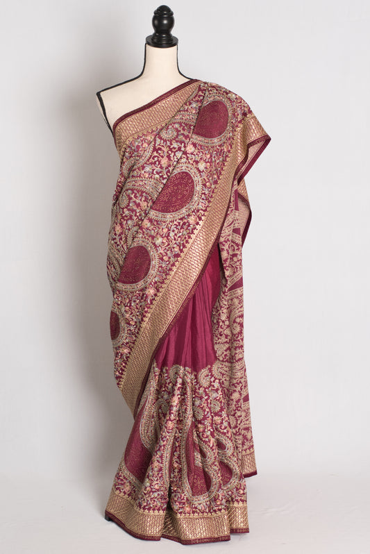 Sharvani - Wine Kashmiri Embroidered Crepe Partywear Saree image 0