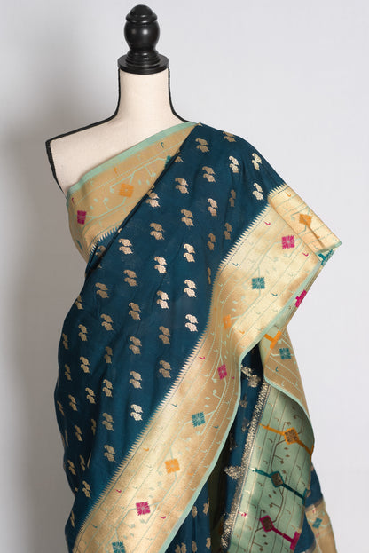 Sangiya: Blue Paithani Semi Silk Saree with Light Blue Border image 6