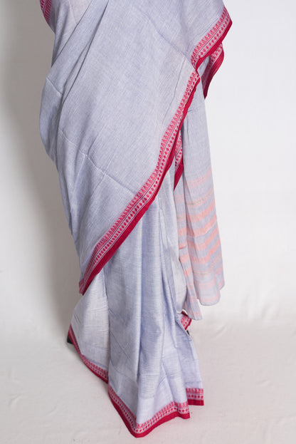 Aruna: Bluish Grey Soft Cotton Dhaniakhali Saree image 5