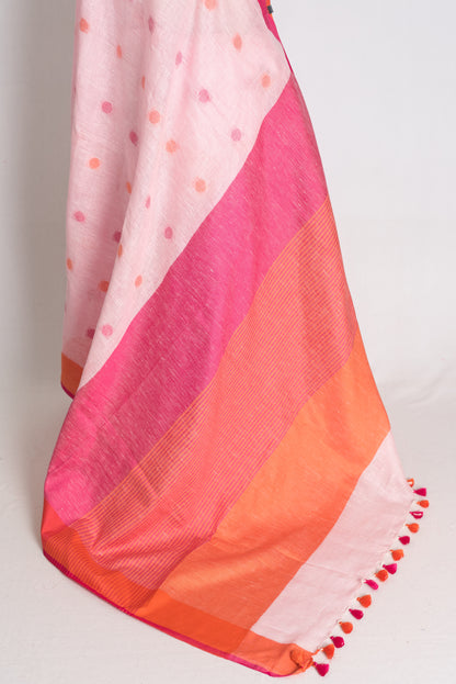 Afrin : Powder Pink Polka Dot Pure Linen Saree with Ganga Jamuna Border image 3