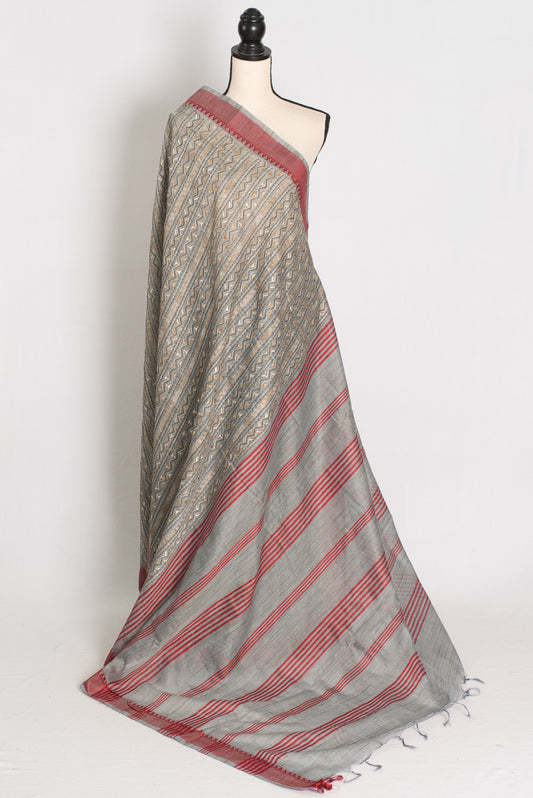 Mahi : Gray and Red Machine Embroidery Kantha Saree image 1