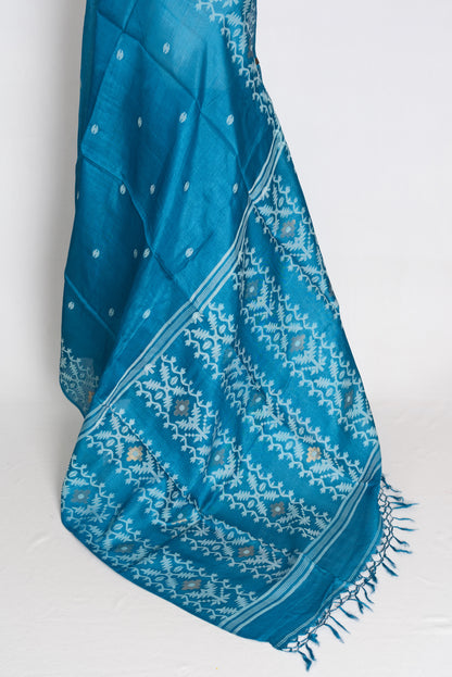 Meera Turquoise Blue Bengal Tussar Jamdani Silk Saree | Silk Mark Certified image 4