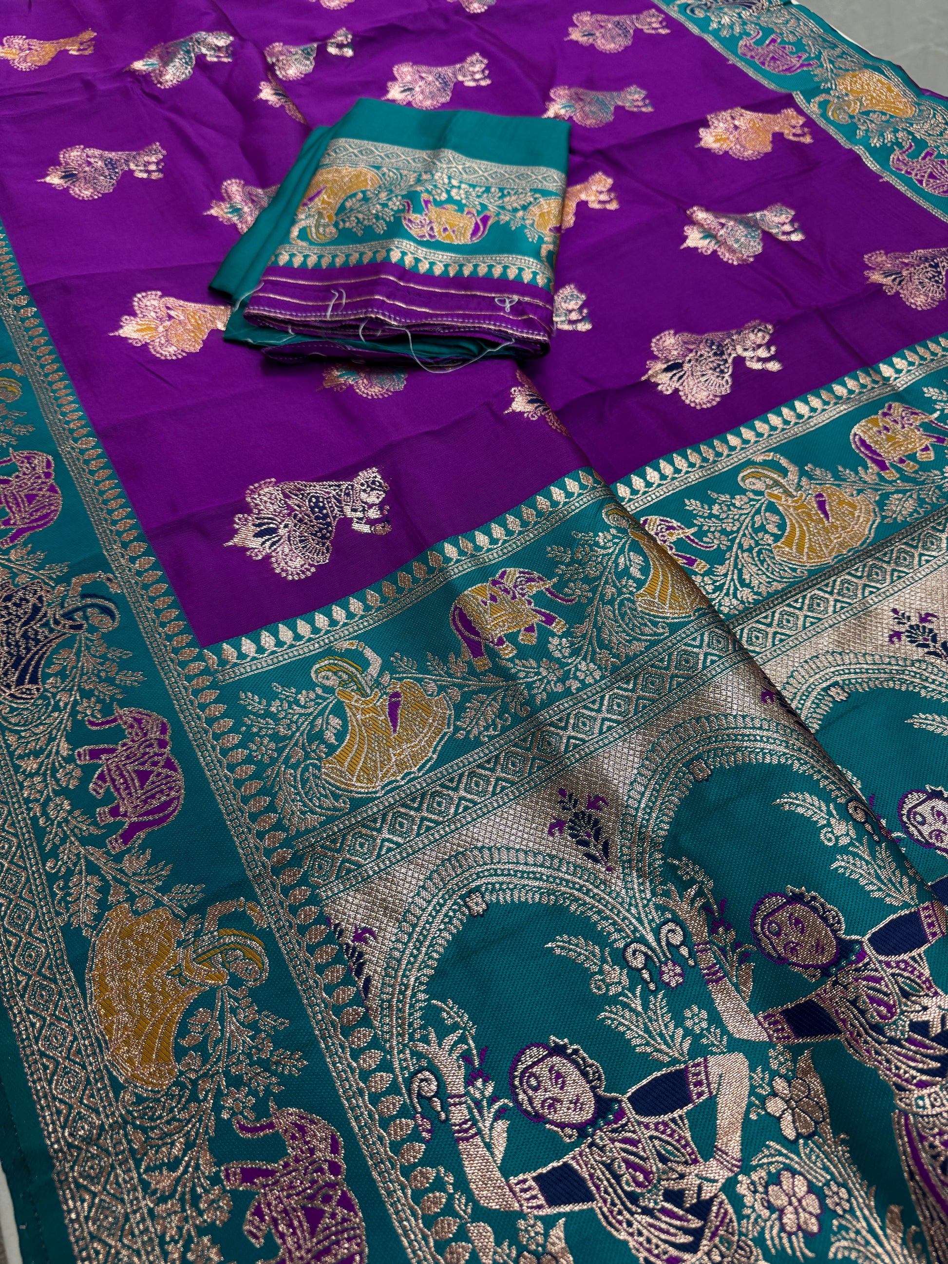 Mohini : Purple and Rama Green Baluchari Saree - Blended Silk from Bengal image 2