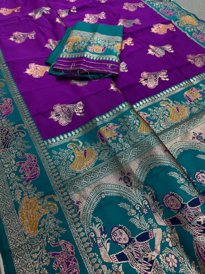 Mohini : Purple and Rama Green Baluchari Saree - Blended Silk from Bengal image 2