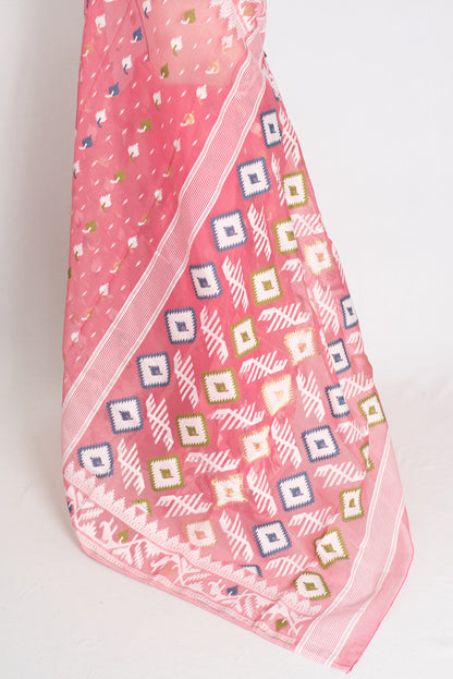 Sreya : Pink and White Blended Soft Cotton Jamdani Bengali Saree image 2