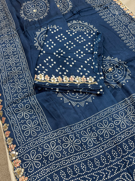 Neela : Hand Embroidery Bandhani Printed Modal SIlk Saree in Cobalt Blue image 2