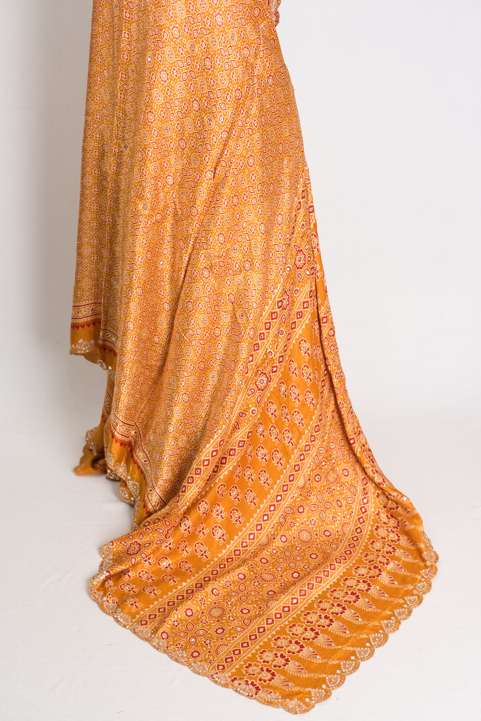 Heema : Yellow Pure Modal Silk Ajrakh Saree with Hand Embroidery Gota Patti Work image 4