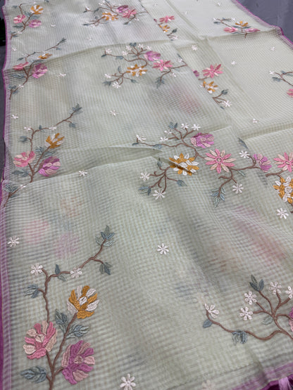 Ragini | Sea Green & Pink Floral Embroidery Blended Cotton Kota Saree image 8