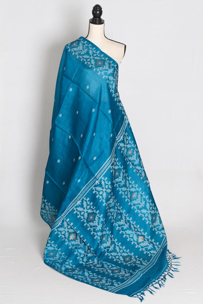 Meera Turquoise Blue Bengal Tussar Jamdani Silk Saree | Silk Mark Certified image 1