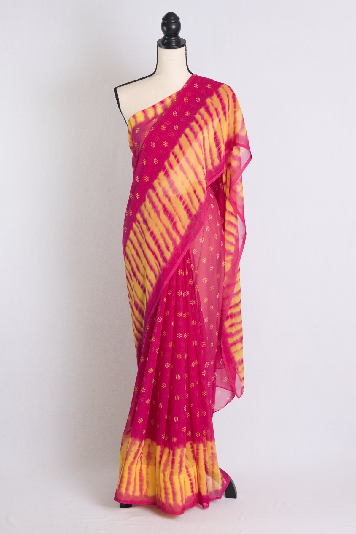 Chiffon Chunri Saree in Dark Pink and Yellow image 0
