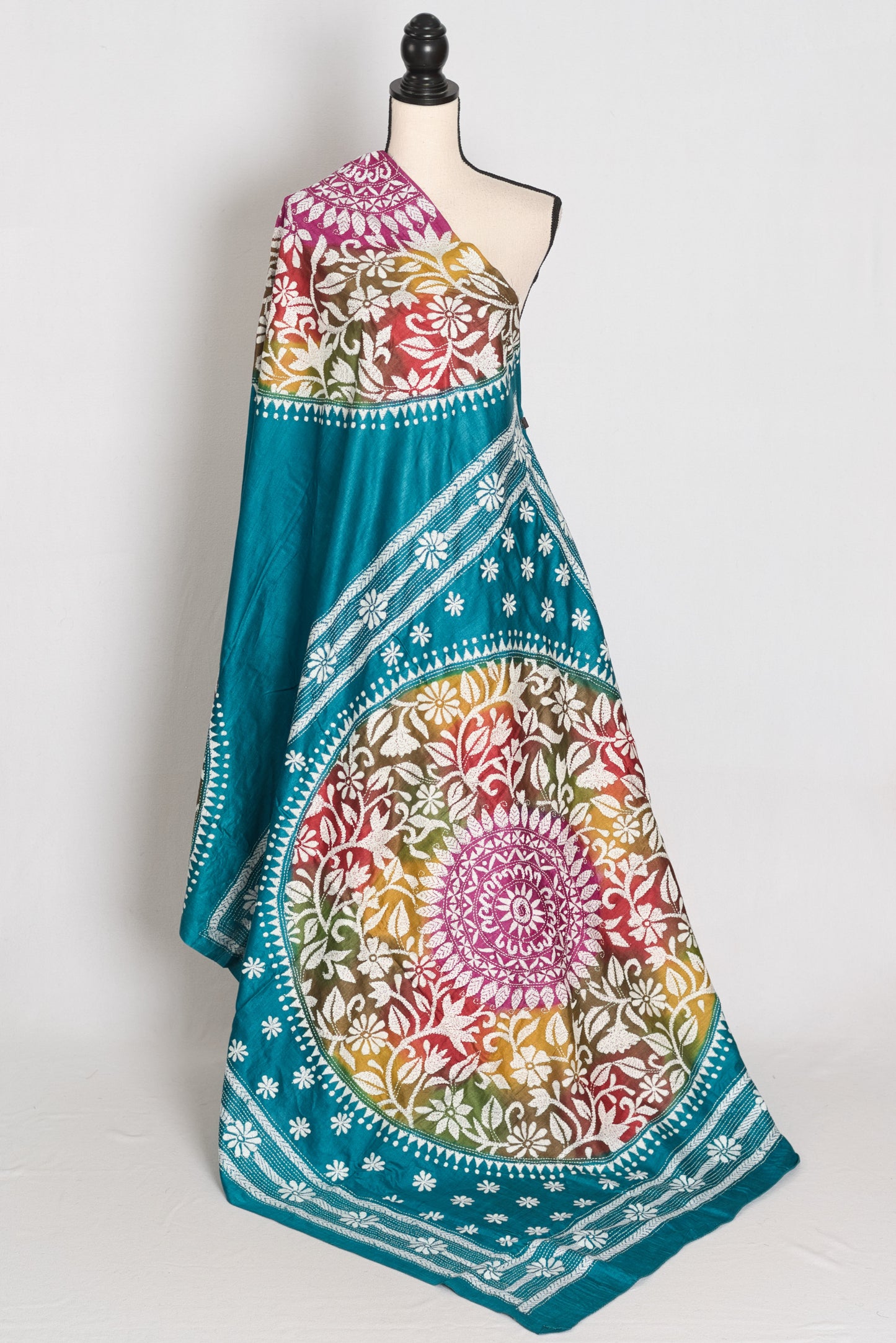 Ritaja : Teal Blue Hand-Dyed Tussar Silk Hand-Embroidered Kantha Stitch Saree image 1