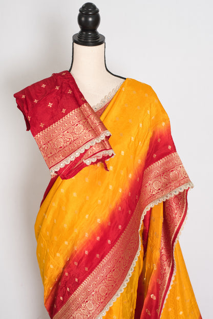 Mala | Yellow & Red Dola Silk Banarasi Saree | Soft & Flowy image 1