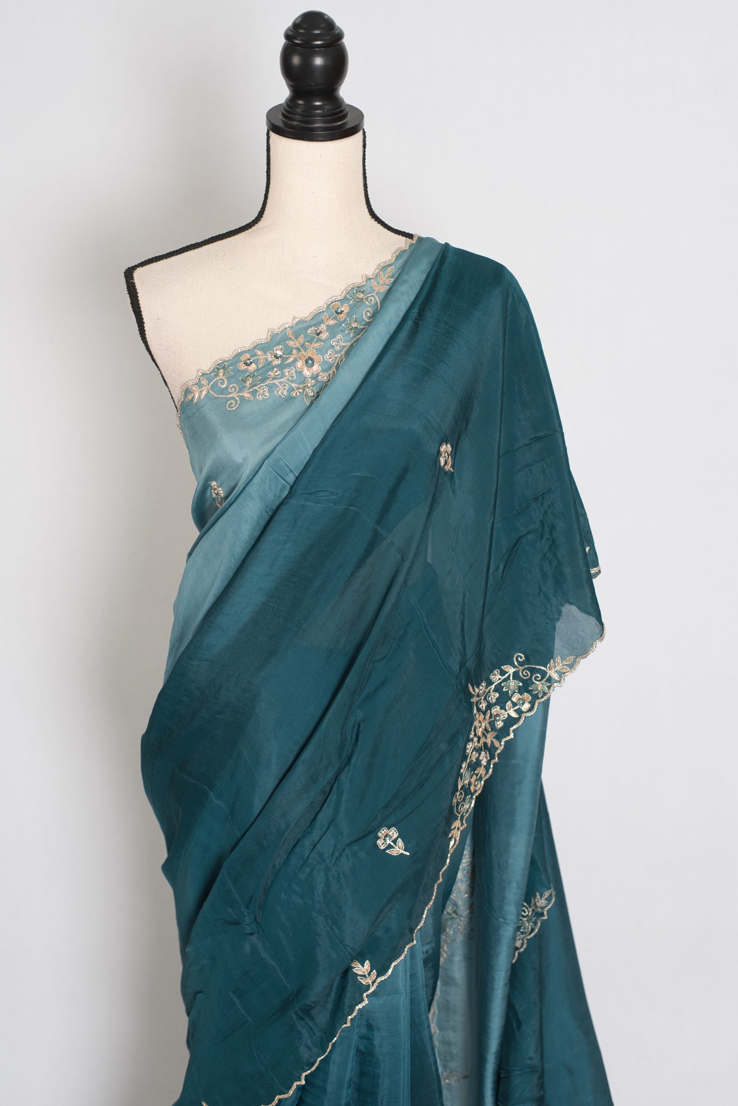 Nadia | Teal Green Shaded Soft Organza Saree | Zardosi Hand Embroidery image 5