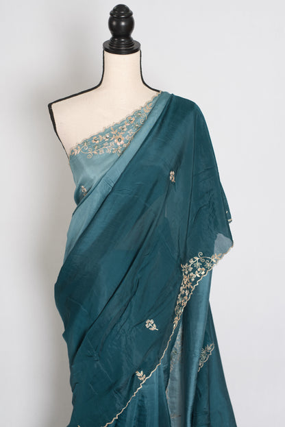 Nadia | Teal Green Shaded Soft Organza Saree | Zardosi Hand Embroidery image 5